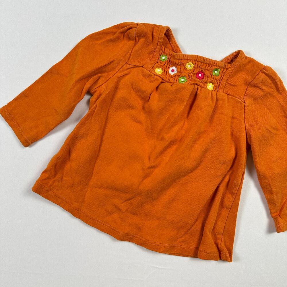 Gymboree Rust Orange Floral Embroidered Smocked Long Sleeve Top Sz 6-12 mo